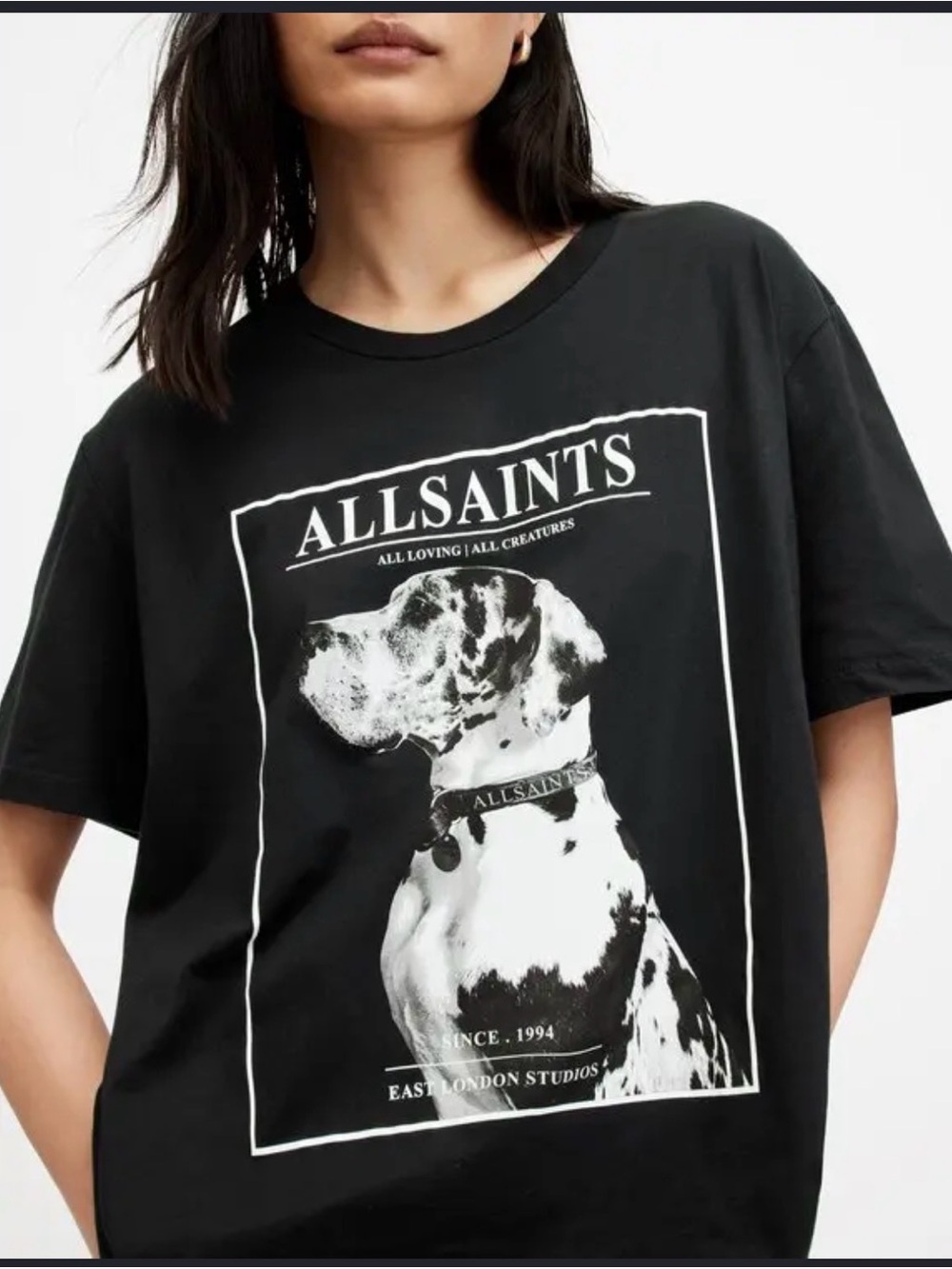 AllSaints Storm Boyfriend Dog Graphic T-Shirt Small Black Organic Cotton Y2K